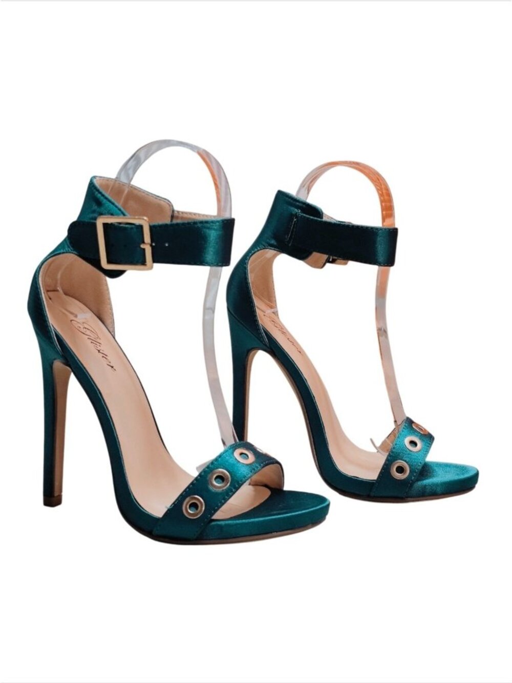 Teal Satin High Heel Sandals With Ankle Strap & Grommet Detail Womens - Picture 5 of 13
